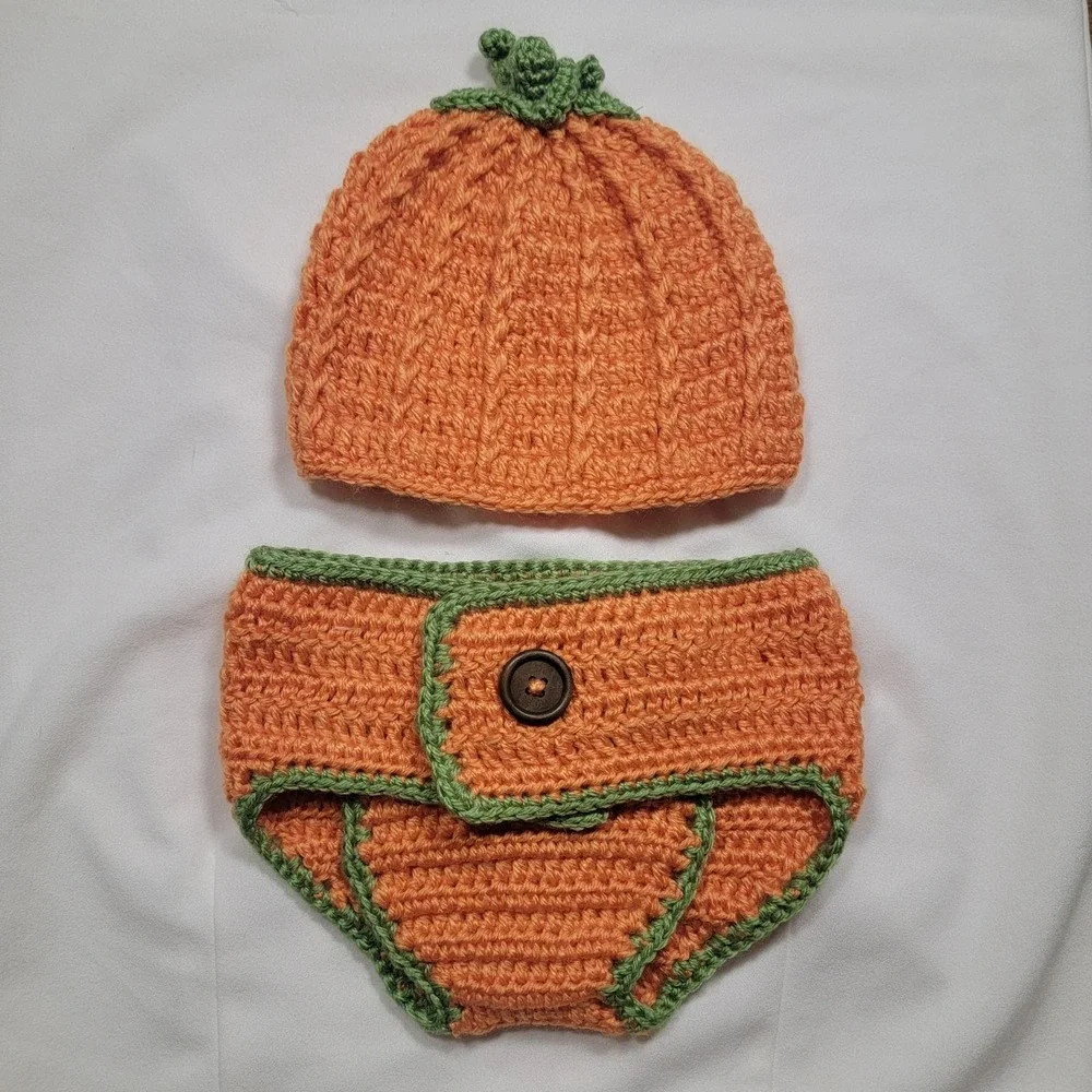 Halloween Pumpkin Crochet Baby Hat and Diaper Cover Set Size 0-6 Months